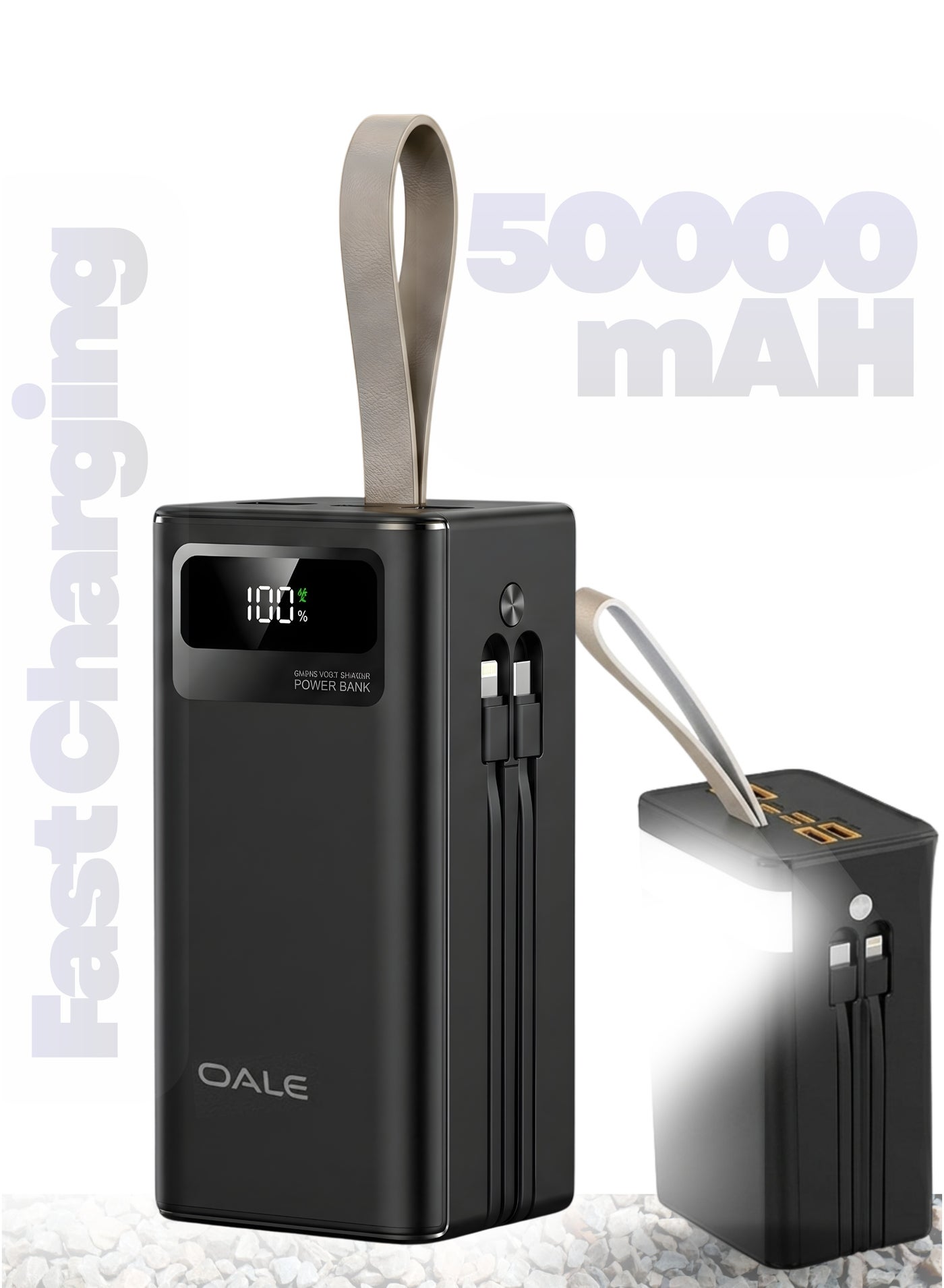 Oale 50000mAh Power Bank with LED Display & Camping Lamp – 22.5W PD Fast Charging, 4 Built-in Cables (USB, Type-C, Lightning, Mini USB) – Fast Charger for iPhone 15/14/13, Samsung Galaxy S24/S23, Xiaomi, Oppo, Vivo, Huawei – Outdoor Party & Camping Backup P50000 – Black