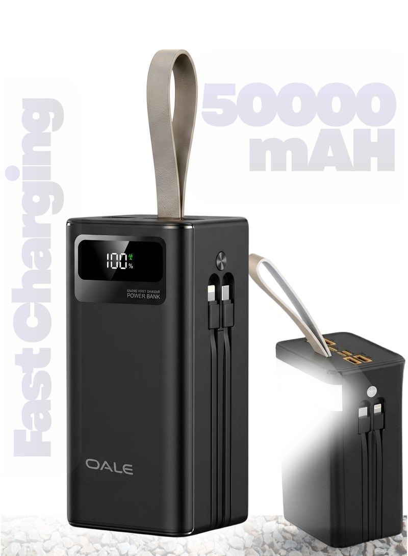 Oale 50000mAh Power Bank with LED Display & Camping Lamp – 22.5W PD Fast Charging, 4 Built-in Cables (USB, Type-C, Lightning, Mini USB) – Fast Charger for iPhone 15/14/13, Samsung Galaxy S24/S23, Xiaomi, Oppo, Vivo, Huawei – Outdoor Party & Camping Backup P50000 – Black - Image 1