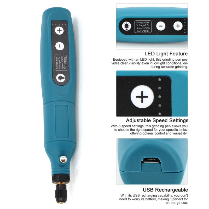 قلم نقش بالشحن اللاسلكي عبر USB - قلم مفر كهنزي مضغوط محمول بسرعة قابلة للتعديل - آلة نقش وآلة طحن مصبوبة بإضاءة LED - Image 5
