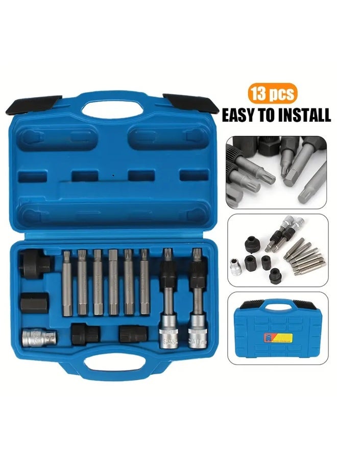 DEFAONS 13PCS Alternator Freewheel Pulley Removal Tool Kit | Multi-Type Bit Socket Set (H8–H10, M8–M10, T40–T50) with Carry Case | For Bosch, Valeo, Denso Alternators | CR-V Steel Construction - Image 2