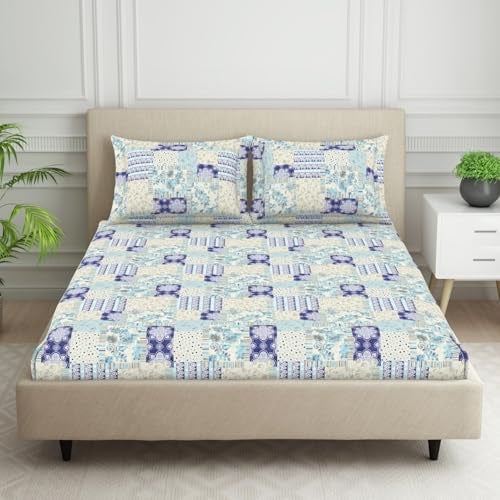 Welspun 120 TC Cotton Blend Bedsheet for Double Bed with 2 Pillow Cover | Skin Safe & Super Soft Queen Size Bed Sheet | (224 X 254 CM) - Geometric Blue | Harmony - Image 1