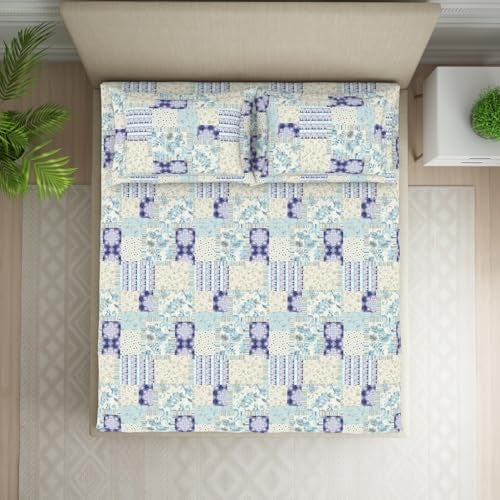 Welspun 120 TC Cotton Blend Bedsheet for Double Bed with 2 Pillow Cover | Skin Safe & Super Soft Queen Size Bed Sheet | (224 X 254 CM) - Geometric Blue | Harmony - Image 3