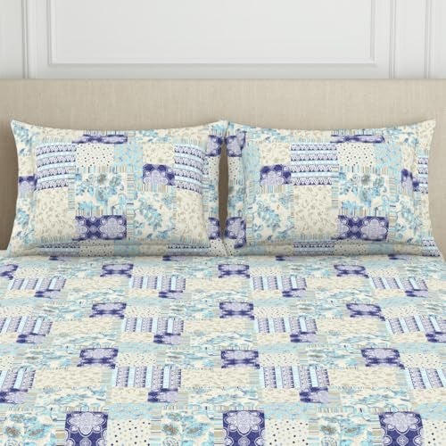 Welspun 120 TC Cotton Blend Bedsheet for Double Bed with 2 Pillow Cover | Skin Safe & Super Soft Queen Size Bed Sheet | (224 X 254 CM) - Geometric Blue | Harmony - Image 4