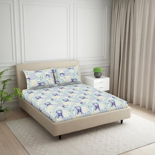 Welspun 120 TC Cotton Blend Bedsheet for Double Bed with 2 Pillow Cover | Skin Safe & Super Soft Queen Size Bed Sheet | (224 X 254 CM) - Geometric Blue | Harmony - Image 2