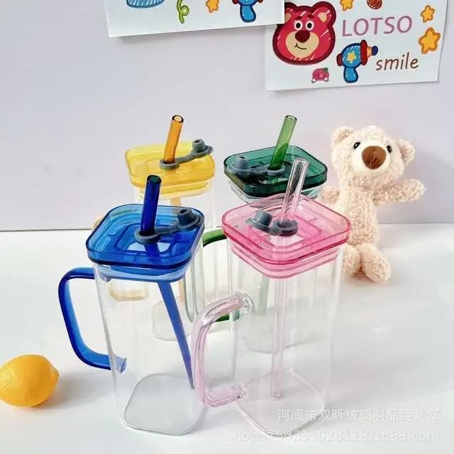 TADRUP Square Drinking Glasses with Lid Set of 2 380ml Square Glass with Straw Beer Glass Milk Mug Tumbler for Cold Coffee Smoothies Juice Soda SqWooden with Handle 380ml - Image 2