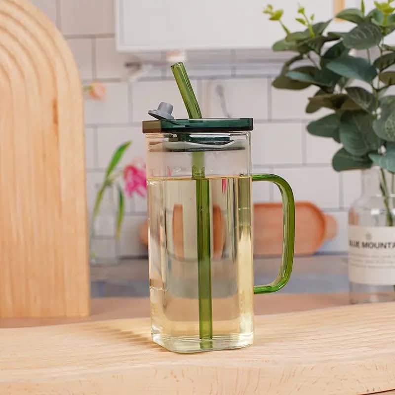 TADRUP Square Drinking Glasses with Lid Set of 2 380ml Square Glass with Straw Beer Glass Milk Mug Tumbler for Cold Coffee Smoothies Juice Soda SqWooden with Handle 380ml - Image 3