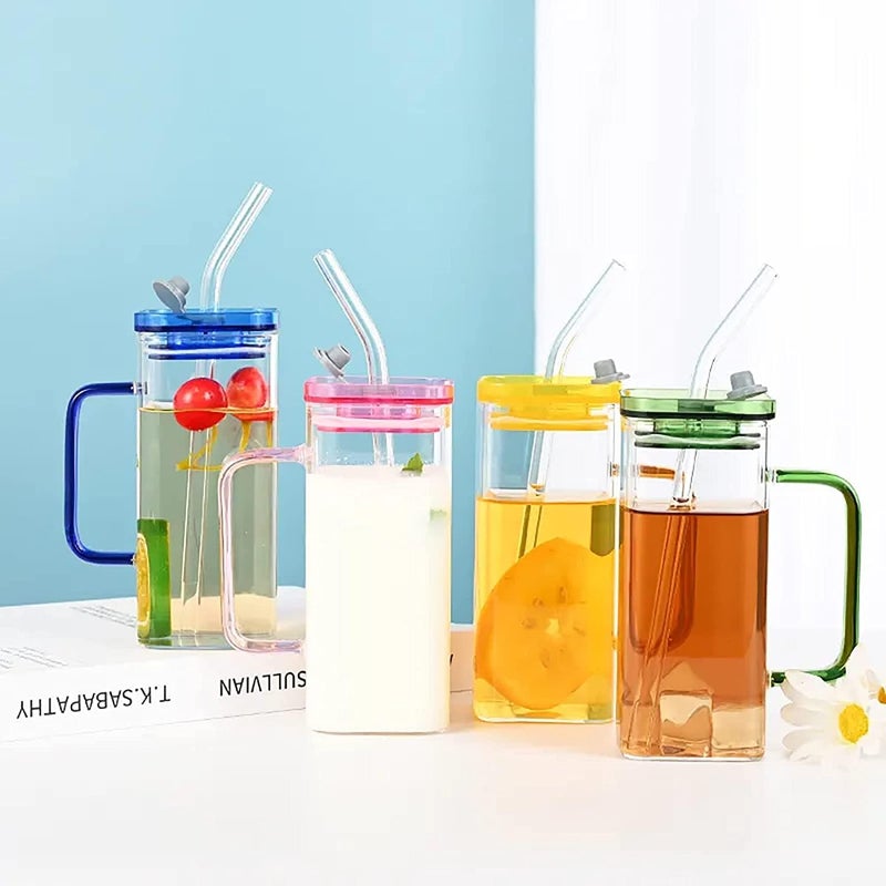 TADRUP Square Drinking Glasses with Lid Set of 2 380ml Square Glass with Straw Beer Glass Milk Mug Tumbler for Cold Coffee Smoothies Juice Soda SqWooden with Handle 380ml - Image 4
