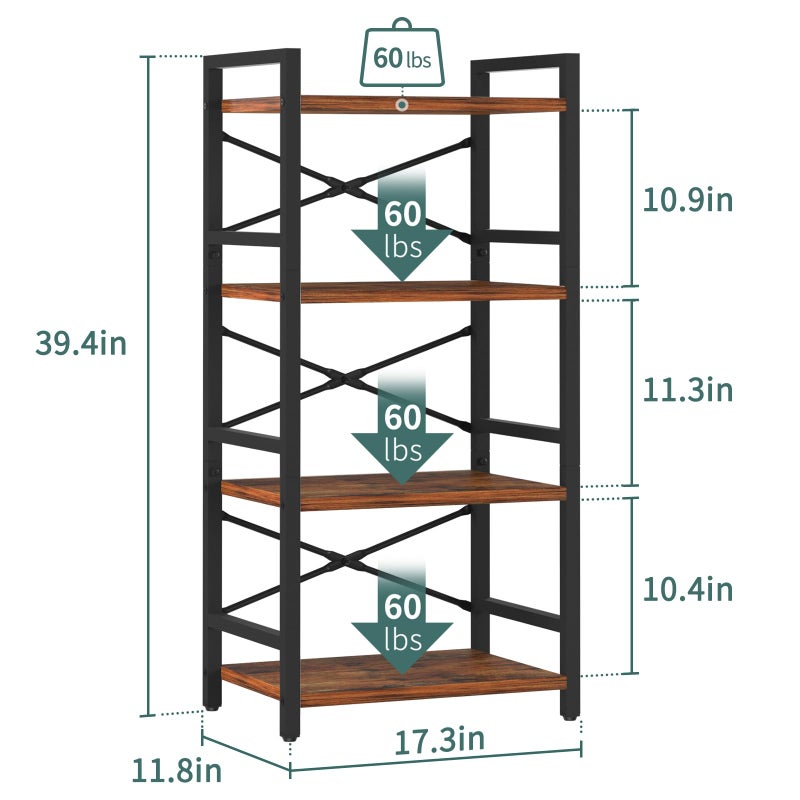 Yoobure 4 Tier Bookshelf - Small Book Shelf Industrial Bookcase, Narrow Book Case Book Storage Organizer for CD/Movie/Book, Bookshelves for Bedroom Office Living Room Berry Brown - Image 4
