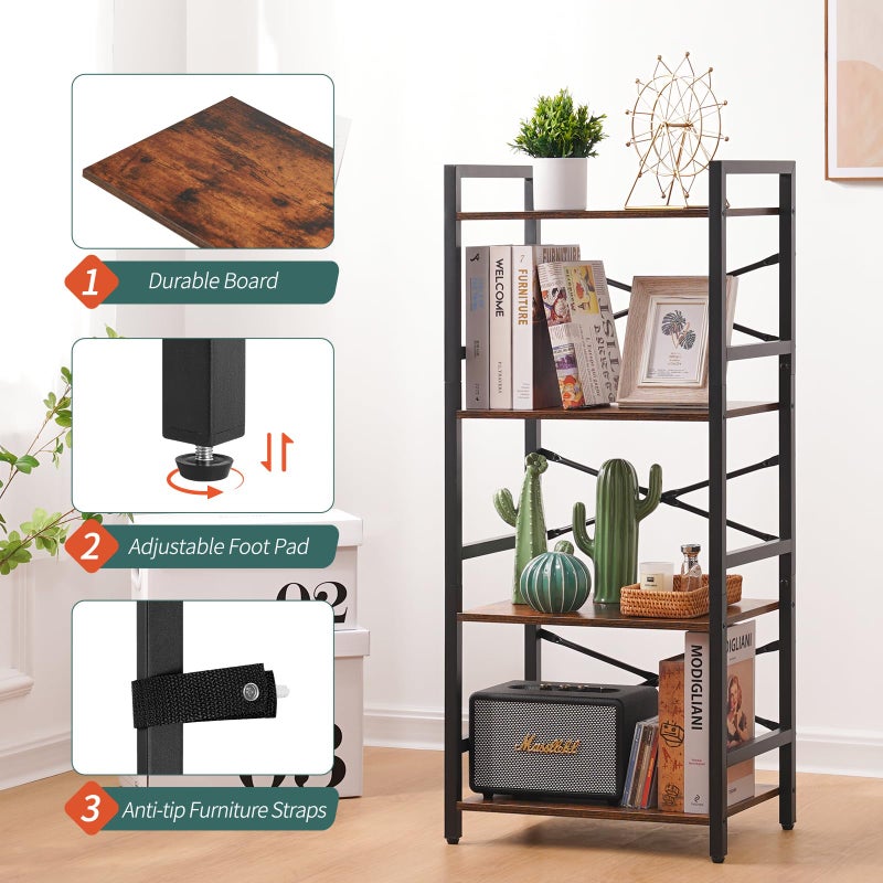 Yoobure 4 Tier Bookshelf - Small Book Shelf Industrial Bookcase, Narrow Book Case Book Storage Organizer for CD/Movie/Book, Bookshelves for Bedroom Office Living Room Berry Brown - Image 2