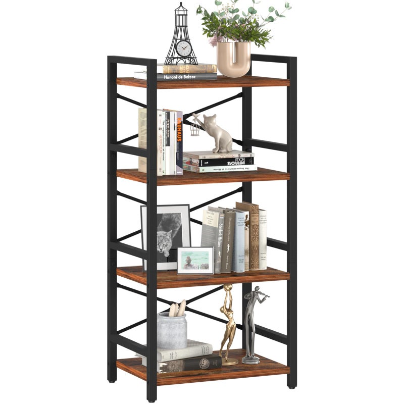 Yoobure 4 Tier Bookshelf - Small Book Shelf Industrial Bookcase, Narrow Book Case Book Storage Organizer for CD/Movie/Book, Bookshelves for Bedroom Office Living Room Berry Brown - Image 1