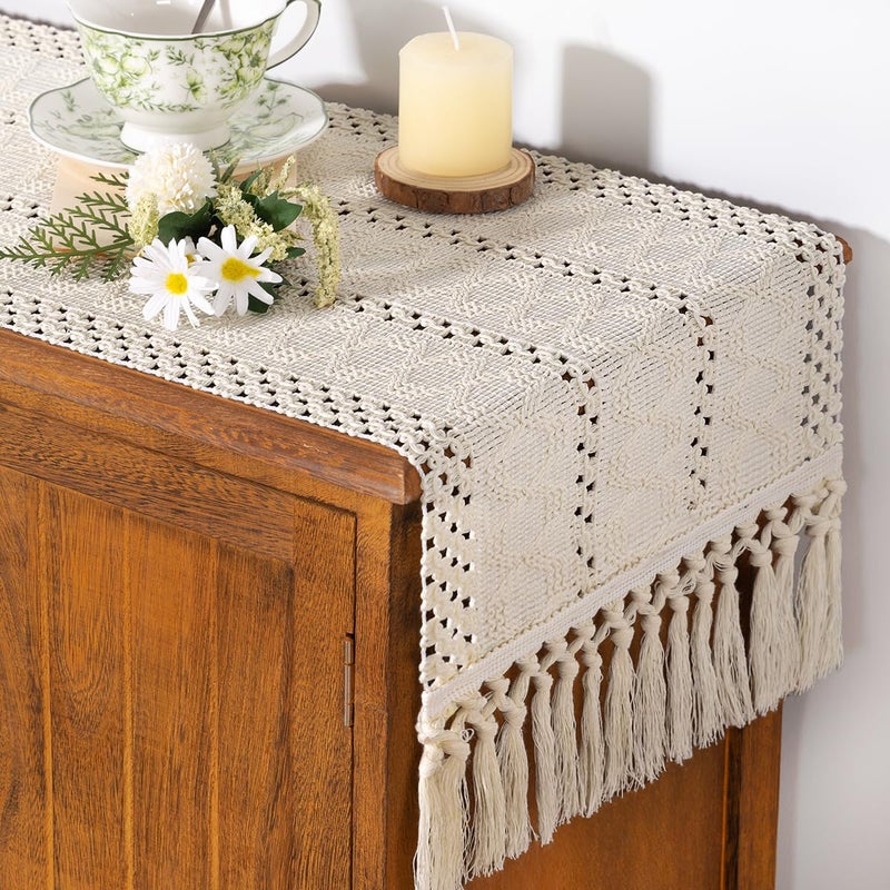 Socomi Boho Table Runner Macrame Long Easter Spring Farmhouse Woven Cotton Linen Rustic Coffee Table Runner with Tassels for Dresser Scarf Home Decor Dining Room 12x108 inch Beige - Image 2