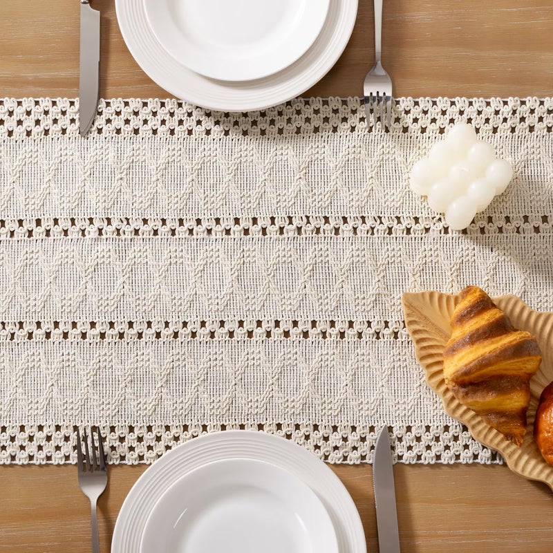 Socomi Boho Table Runner Macrame Long Easter Spring Farmhouse Woven Cotton Linen Rustic Coffee Table Runner with Tassels for Dresser Scarf Home Decor Dining Room 12x108 inch Beige - Image 4