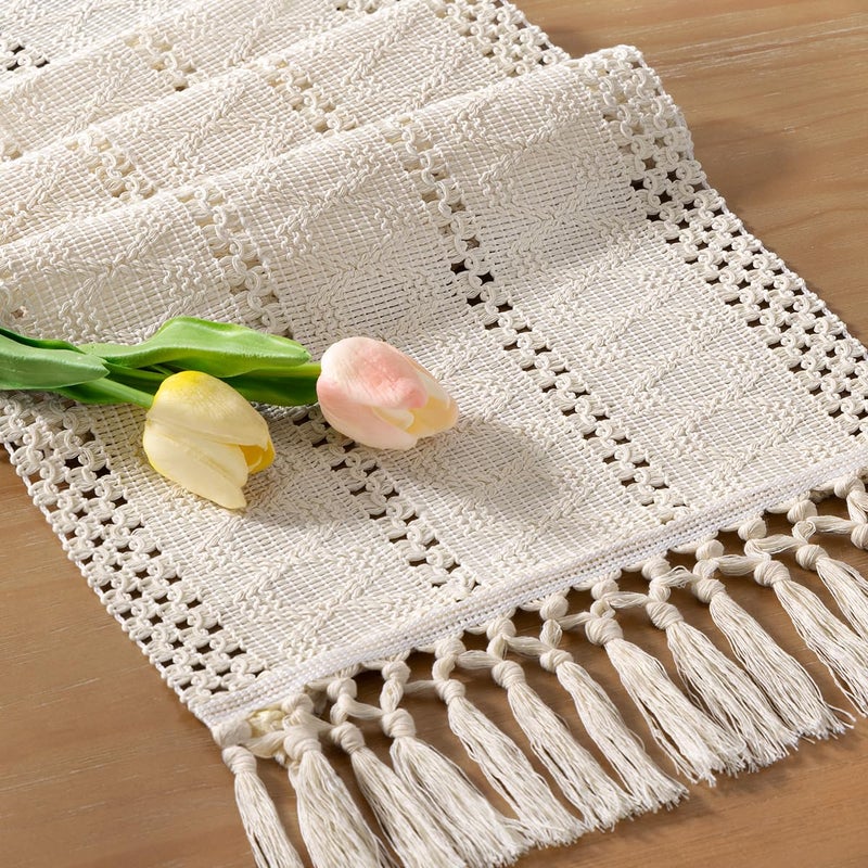 Socomi Boho Table Runner Macrame Long Easter Spring Farmhouse Woven Cotton Linen Rustic Coffee Table Runner with Tassels for Dresser Scarf Home Decor Dining Room 12x108 inch Beige - Image 1