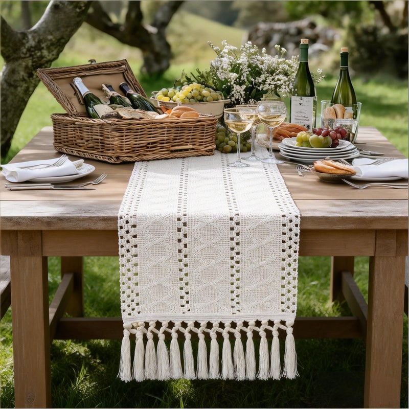 Socomi Boho Table Runner Macrame Long Easter Spring Farmhouse Woven Cotton Linen Rustic Coffee Table Runner with Tassels for Dresser Scarf Home Decor Dining Room 12x108 inch Beige - Image 5