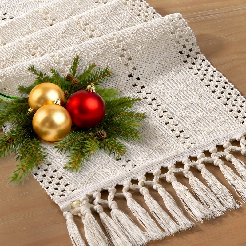 Socomi Boho Table Runner Macrame Long Easter Spring Farmhouse Woven Cotton Linen Rustic Coffee Table Runner with Tassels for Dresser Scarf Home Decor Dining Room 12x108 inch Beige - Image 3