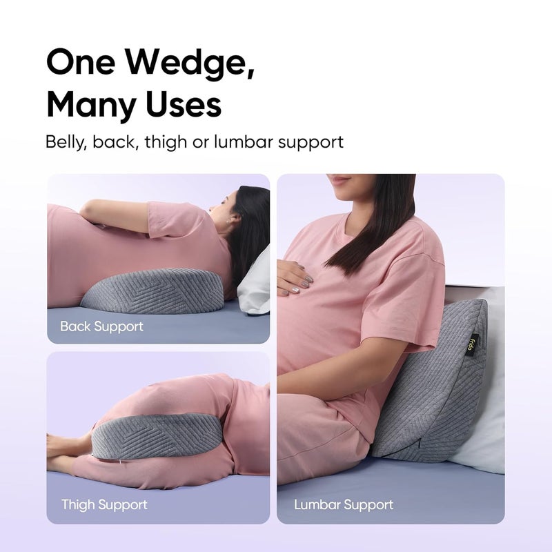 Frido وسادة الحمل المائلة | دعم الذاكرة للحمل وما بعد الولادة للنوم الجانبي | دعم متعدد الاستخدامات للبطن والظهر والساقين لتخفيف الضغط | غطاء قماش مزيج بارد (رمادي) - Image 3