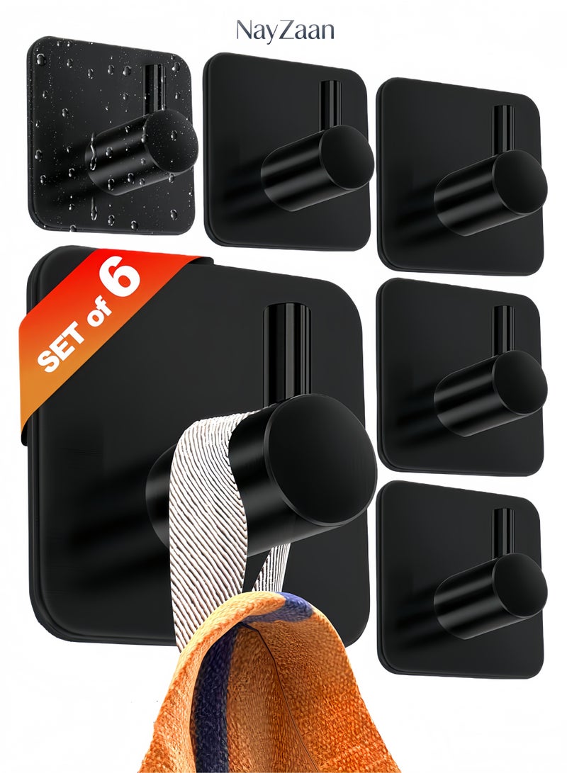 6-Pack Adhesive Towel Hooks for Bathrooms, Black - Durable Self-Adhesive Robe Rack, Adhesive Wall Hooks, Sticky Towel Holder, Waterproof, No Drill - Image 1