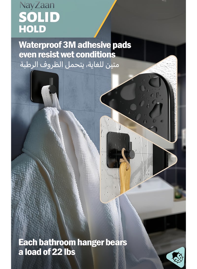 6-Pack Adhesive Towel Hooks for Bathrooms, Black - Durable Self-Adhesive Robe Rack, Adhesive Wall Hooks, Sticky Towel Holder, Waterproof, No Drill - Image 4