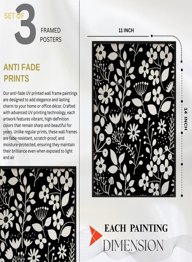 Arkasto Black & White Floral Wall Paintings with Frame - Set of 3 | Modern Botanical Wall Art Painting for Living Room, Bedroom & Home Décor (11x14 inch) (Design-4) - Image 3