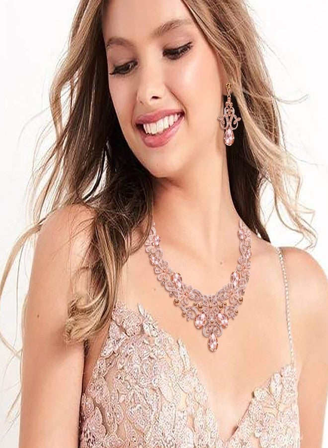 بريلوف طقم مجوهرات نسائي أنيق من بريلوف، يتألف من قلادة وأقراط متدلية بتصميم زهرة كريستالية مزخرفة، بلون الخوخ، مطلي بالذهب الوردي. - Image 2