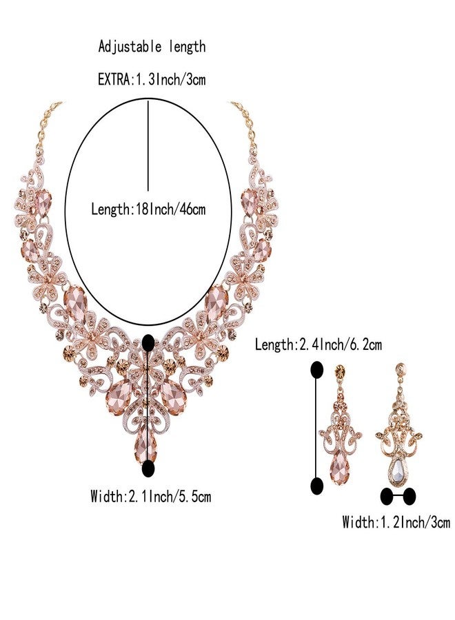 بريلوف طقم مجوهرات نسائي أنيق من بريلوف، يتألف من قلادة وأقراط متدلية بتصميم زهرة كريستالية مزخرفة، بلون الخوخ، مطلي بالذهب الوردي. - Image 4