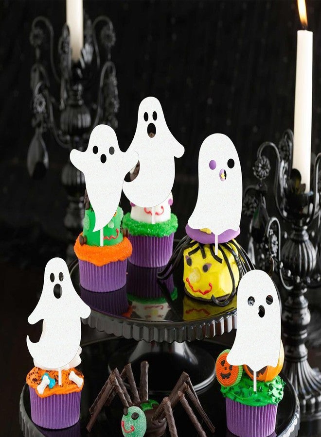 umoni Halloween White Glitter Ghost Cupcake Toppers 24PCS Ghosts Baby Shower Cake Decorations Cute Ghost Cake Toppers for Happy Halloween Birthday Party Baby Shower Supplies - Image 5