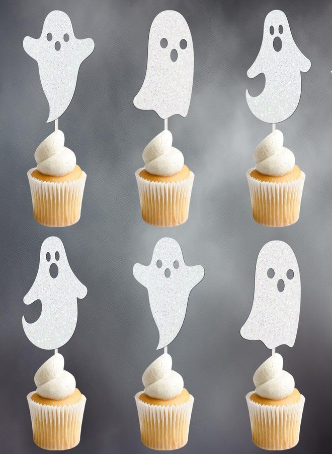 umoni Halloween White Glitter Ghost Cupcake Toppers 24PCS Ghosts Baby Shower Cake Decorations Cute Ghost Cake Toppers for Happy Halloween Birthday Party Baby Shower Supplies - Image 1