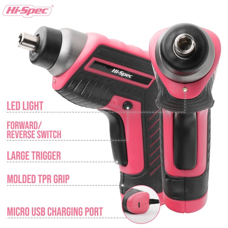 Hi-Spec 35-Piece Tool Kit with 3.6V USB Small Electric Screwdriver Set, Pink Drill Set for Women, Tool Kit for Home - Image 3