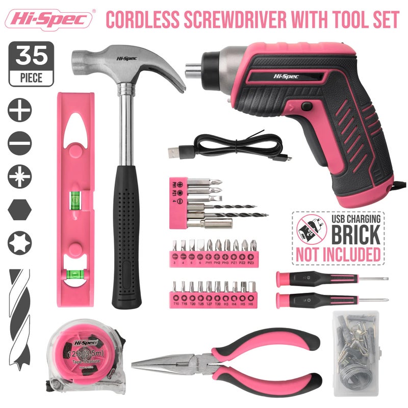 Hi-Spec 35-Piece Tool Kit with 3.6V USB Small Electric Screwdriver Set, Pink Drill Set for Women, Tool Kit for Home - Image 2