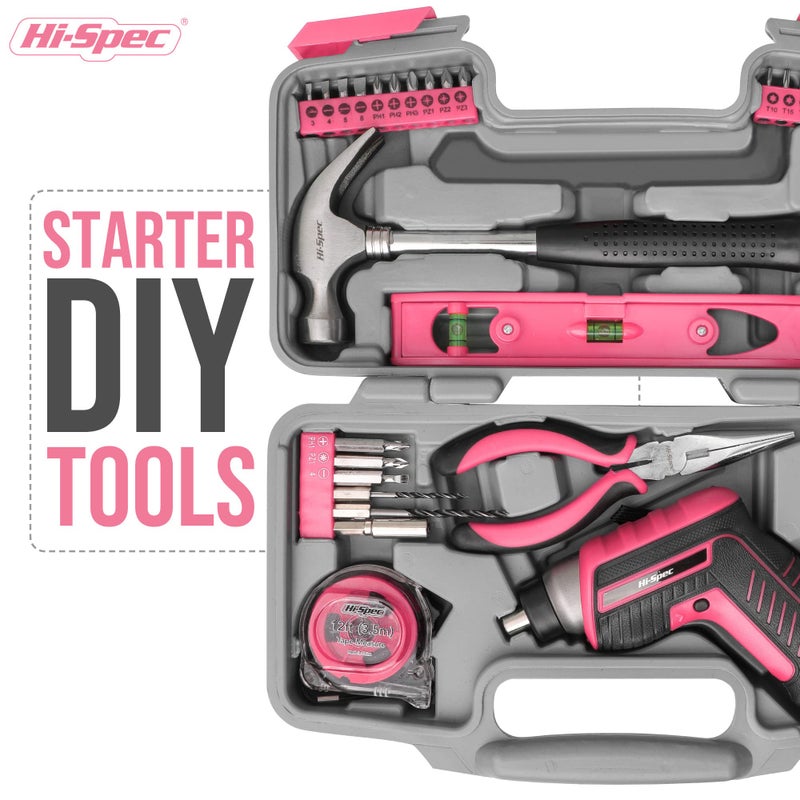 Hi-Spec 35-Piece Tool Kit with 3.6V USB Small Electric Screwdriver Set, Pink Drill Set for Women, Tool Kit for Home - Image 4