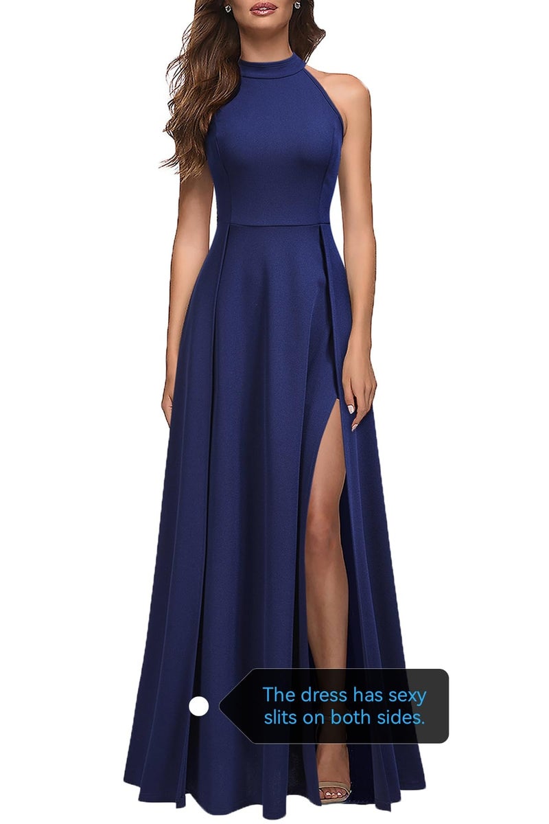 MUSHARE Women's Halter Neck Sexy Split Cocktail Party Maxi Long Formal Dress Navy Blue - Image 4