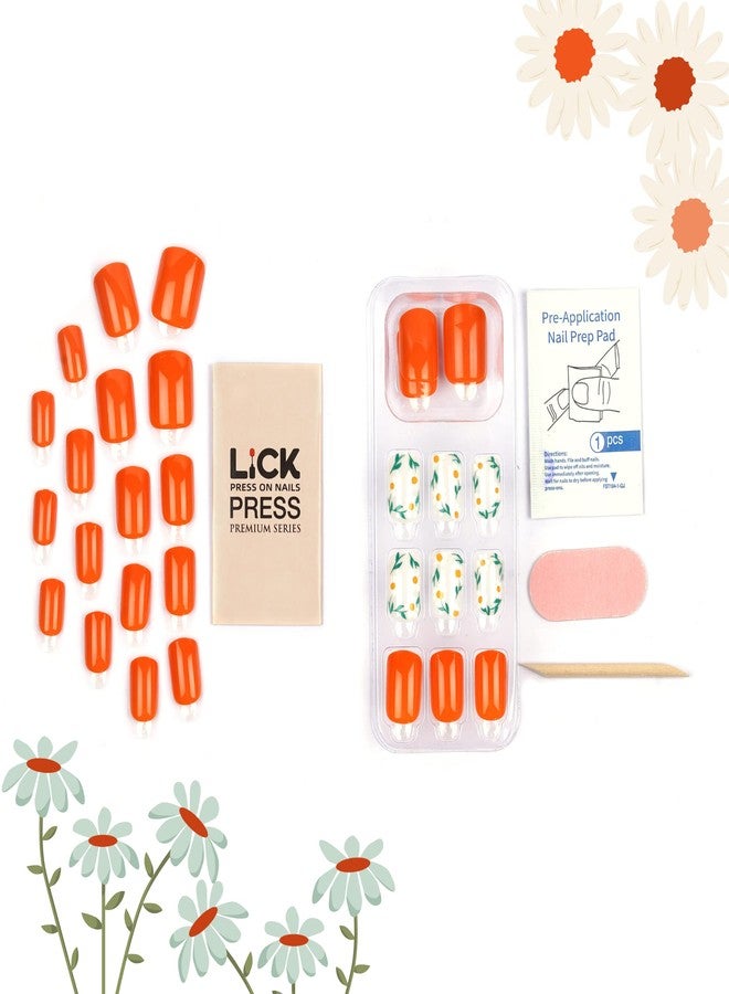 ليك أظافر لاصقة من ليك - 30 قطعة، أظافر صناعية/أكريليك قابلة لإعادة الاستخدام، برتقالية لامعة، بتصميم فرنسي، شكل مربع، قاعدة برتقالية وبيضاء مع تفاصيل زهرية (عبوة من 30 قطعة) - Image 4