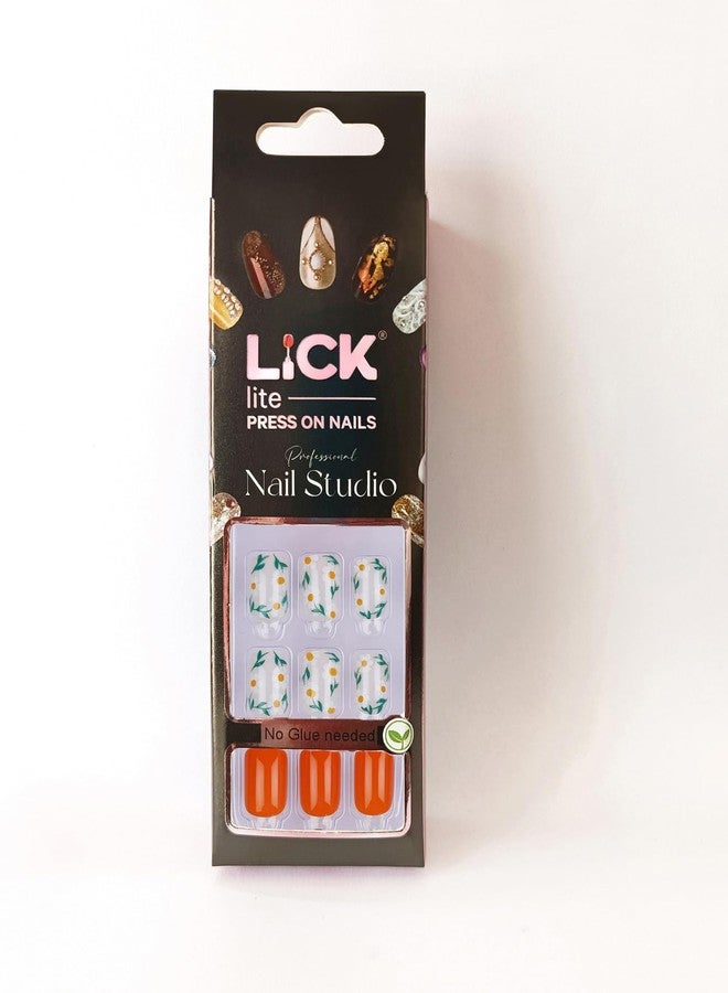 ليك أظافر لاصقة من ليك - 30 قطعة، أظافر صناعية/أكريليك قابلة لإعادة الاستخدام، برتقالية لامعة، بتصميم فرنسي، شكل مربع، قاعدة برتقالية وبيضاء مع تفاصيل زهرية (عبوة من 30 قطعة) - Image 5