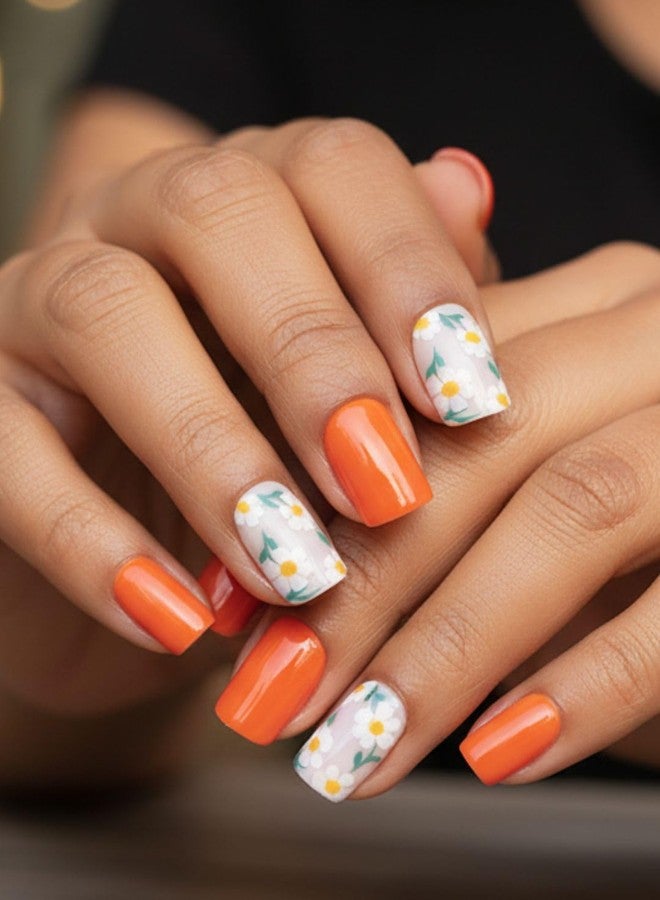 ليك أظافر لاصقة من ليك - 30 قطعة، أظافر صناعية/أكريليك قابلة لإعادة الاستخدام، برتقالية لامعة، بتصميم فرنسي، شكل مربع، قاعدة برتقالية وبيضاء مع تفاصيل زهرية (عبوة من 30 قطعة) - Image 1