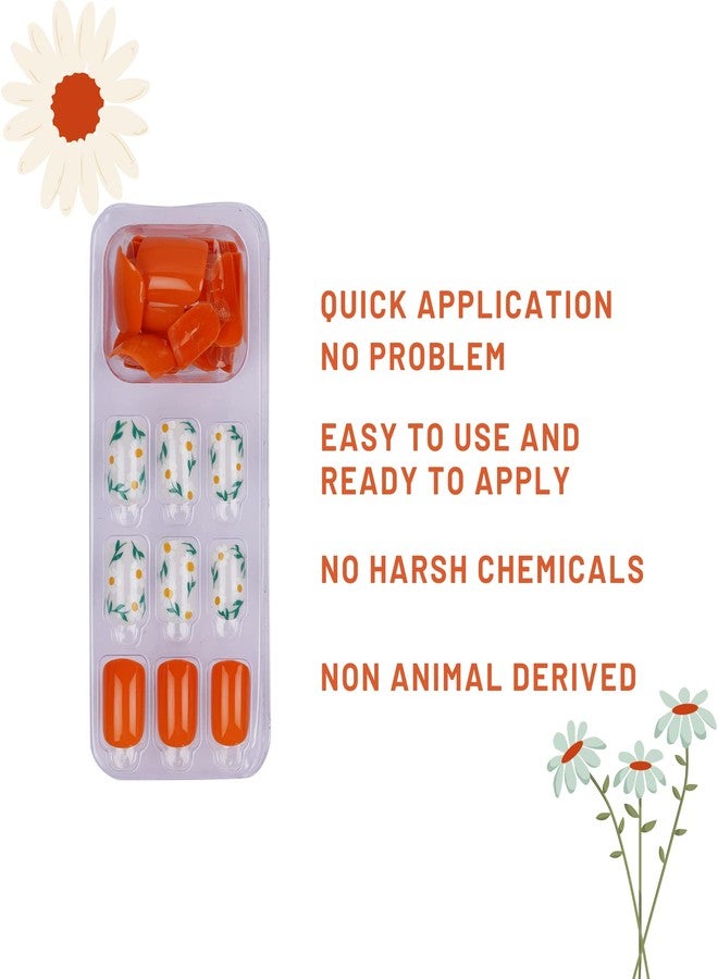 ليك أظافر لاصقة من ليك - 30 قطعة، أظافر صناعية/أكريليك قابلة لإعادة الاستخدام، برتقالية لامعة، بتصميم فرنسي، شكل مربع، قاعدة برتقالية وبيضاء مع تفاصيل زهرية (عبوة من 30 قطعة) - Image 3