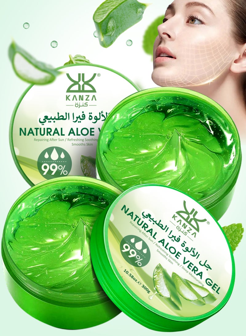 Kanza عبوة 2 من جل الألوة فيرا الطبيعي (300 جرام × 2) للوجه والجسم مرطب وجه منعش جل للتحكم في الزيت تنظيف عميق ترطيب لون البشرة تقليص المسام مستخلصات جل الألوة فيرا الطبيعية النقية كريم جل للوجه مُعزز - Image 1