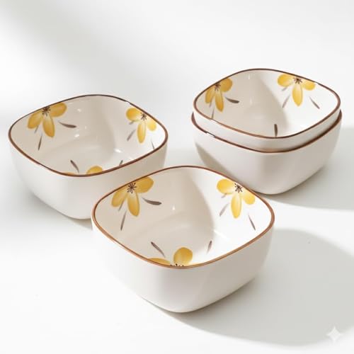 Plenaro Square Ceramic Bowls Set with Yellow Floral Design (200ml Each) – Set of 4 Stackable Serving Bowls for Snacks, Dips, Side Dishes & Everyday Dining – Durable Glazed Tableware for Home & Kitchen - Image 4