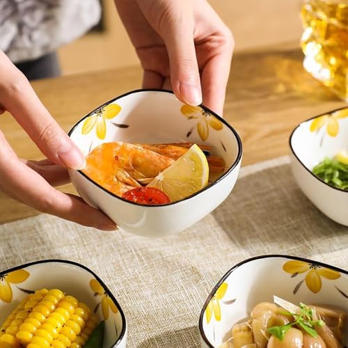 Plenaro Square Ceramic Bowls Set with Yellow Floral Design (200ml Each) – Set of 4 Stackable Serving Bowls for Snacks, Dips, Side Dishes & Everyday Dining – Durable Glazed Tableware for Home & Kitchen - Image 2