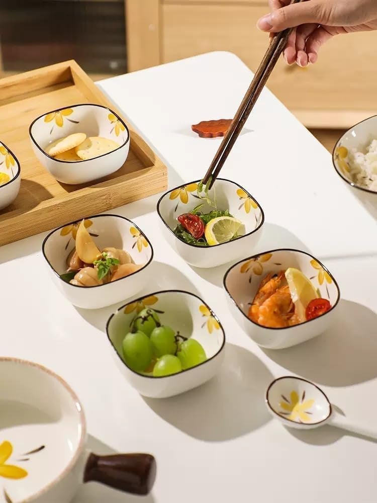 Plenaro Square Ceramic Bowls Set with Yellow Floral Design (200ml Each) – Set of 4 Stackable Serving Bowls for Snacks, Dips, Side Dishes & Everyday Dining – Durable Glazed Tableware for Home & Kitchen - Image 3