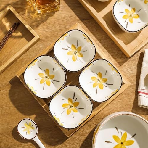 Plenaro Square Ceramic Bowls Set with Yellow Floral Design (200ml Each) – Set of 4 Stackable Serving Bowls for Snacks, Dips, Side Dishes & Everyday Dining – Durable Glazed Tableware for Home & Kitchen - Image 1
