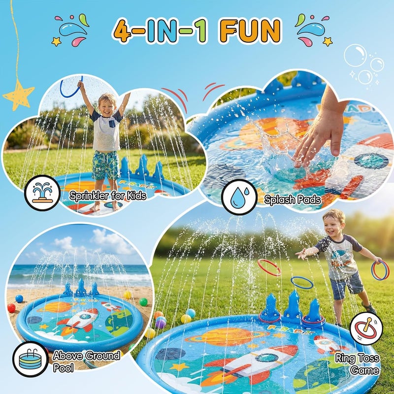 Peradix Toddler Splash Pad for Kids, 67" Sprinkler Mat with Ring Toss Game, Kids Summer Toys for Boys Girls & Family, Baby Splash Pad for Outside Backyard Garden Lawn Water Games, 6 Plastic Rings - Image 3