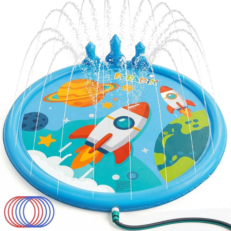 Peradix Toddler Splash Pad for Kids, 67" Sprinkler Mat with Ring Toss Game, Kids Summer Toys for Boys Girls & Family, Baby Splash Pad for Outside Backyard Garden Lawn Water Games, 6 Plastic Rings - Image 1