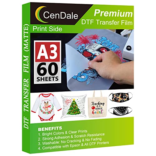 CenDale DTF Transfer Film - A3 (11.7" x 16.5") 60 Sheets Double-Sided Matte Clear PreTreat Sheets- PET Film Sheets DTF for DIY Direct Print on T-Shirts Textile - Image 1