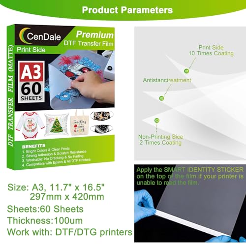 CenDale DTF Transfer Film - A3 (11.7" x 16.5") 60 Sheets Double-Sided Matte Clear PreTreat Sheets- PET Film Sheets DTF for DIY Direct Print on T-Shirts Textile - Image 3