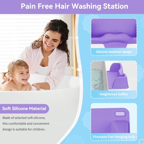 Vurlexat Portable Hair Washing Station for Kids, Silicone Hair Wash Basin with Suction Rinse Cup, Tear-Free Shampoo Bowl with Absorbent Towel and Shampoo Massage Brush for Sink or Bathtub(Purple) - Image 3