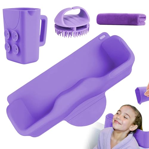 Vurlexat Portable Hair Washing Station for Kids, Silicone Hair Wash Basin with Suction Rinse Cup, Tear-Free Shampoo Bowl with Absorbent Towel and Shampoo Massage Brush for Sink or Bathtub(Purple) - Image 1