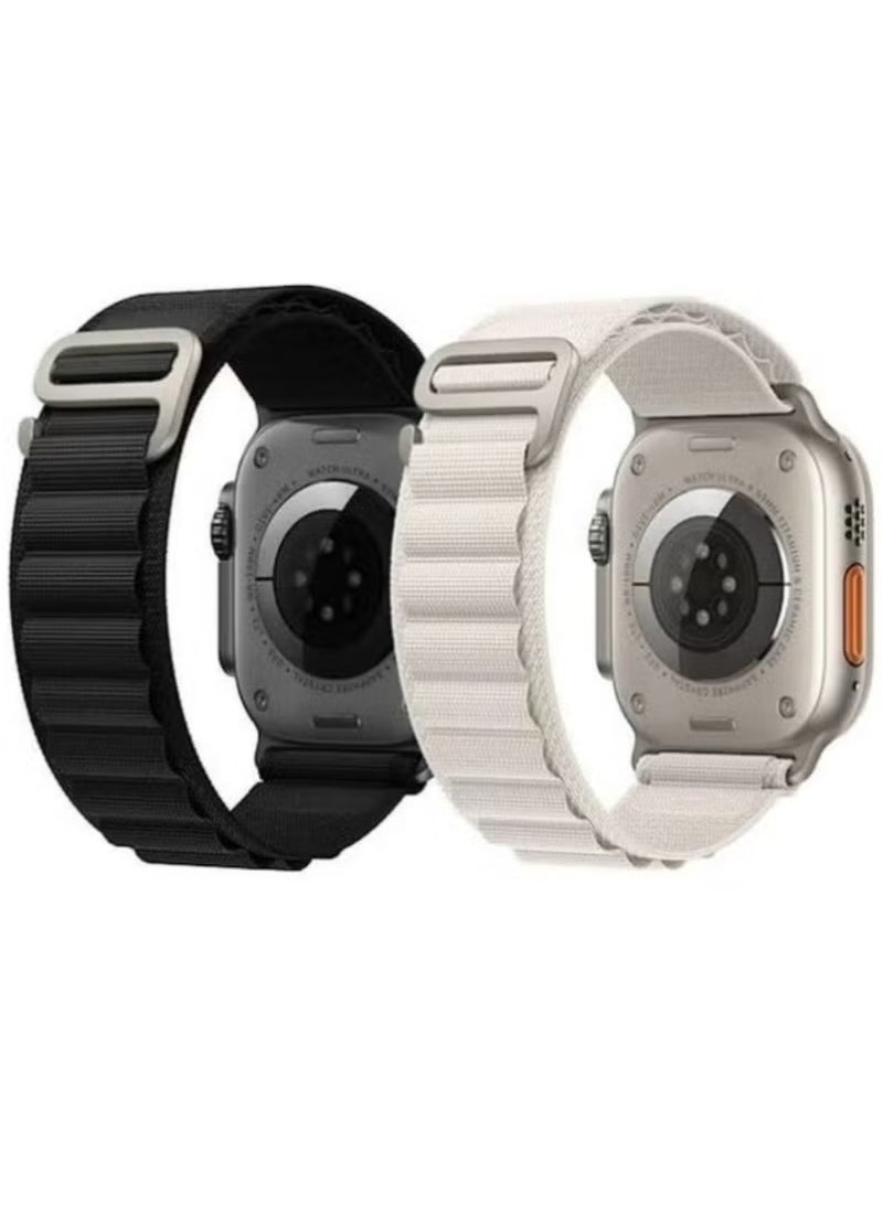 YJS 2-Pack Alpine Loop Bands for Apple Watch 49mm 45mm 44mm – Durable Nylon Woven Sport Straps Compatible with Apple Watch Ultra, Series 8, 7, SE, 6, 5, 4, 3, 2 – Breathable Adjustable Fitness Bands – White & Black Combo Pack - Image 1