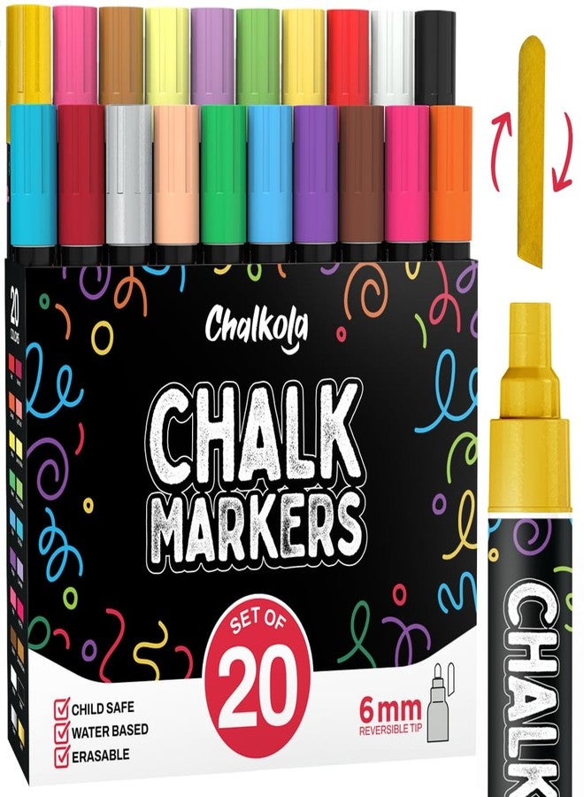 Chalkola 20 Liquid Chalk Markers for Blackboard (6mm Reversible Tip - Neon, Pastel, Metallic Dry Erase Marker) | Washable Chalk Pens for Chalkboards, Window, Car, Glass - Erasable Chalkboard Markers - Image 1