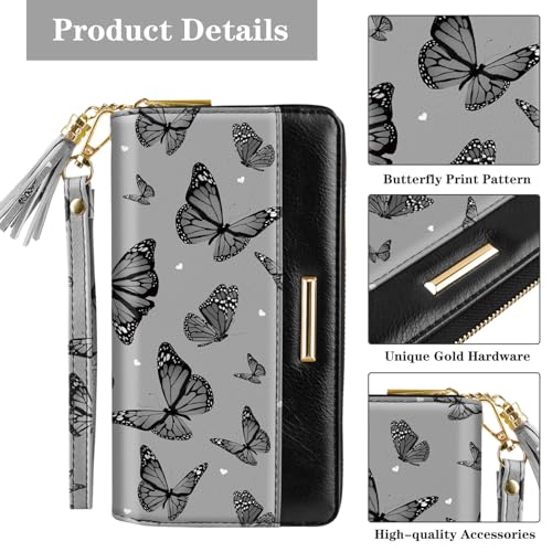 Coco Rossi Women Wallets Multi Card Case Wallet Clutch Wallet Card Holder Organizer Ladies Purse Tassel Wrist strap Purse,Black Butterfly - Image 4