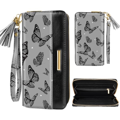 Coco Rossi Women Wallets Multi Card Case Wallet Clutch Wallet Card Holder Organizer Ladies Purse Tassel Wrist strap Purse,Black Butterfly - Image 1